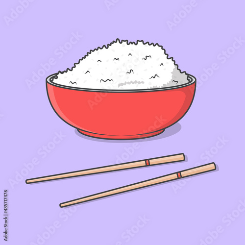 Rice In A Bowl With Chopstick Cartoon Vector Illustration. Rice Food Flat Icon Outline