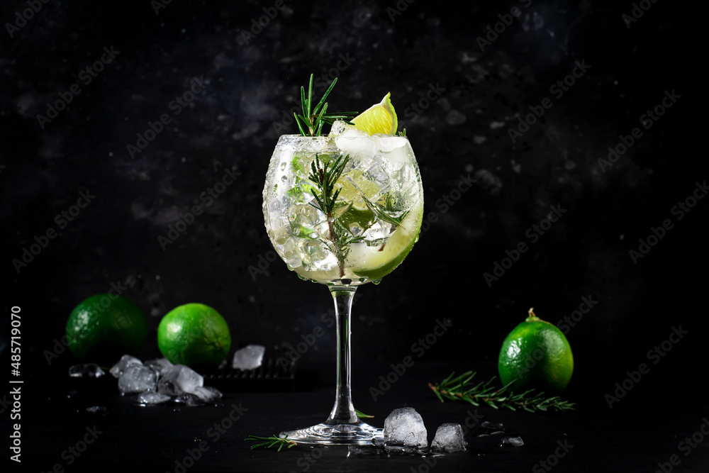 Gin tonic alcoholic cocktail drink with dry gin, rosemary, tonic, lime and ice cubes in wine glass. Black bar counter background, bar tools, copy space - obrazy, fototapety, plakaty 
