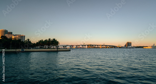 panorama miami bridge palms city skyline at sunset sea ocean 