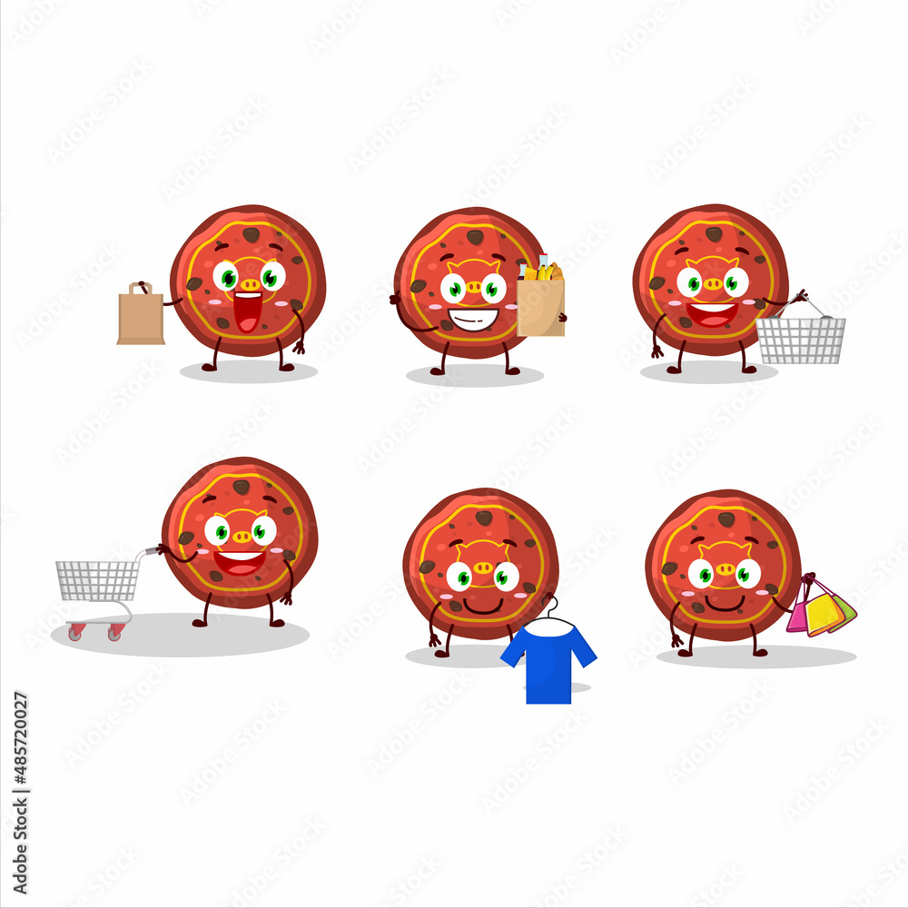 A Rich red cookies pig mascot design style going shopping A Rich red cookies pig mascot design style going shopping