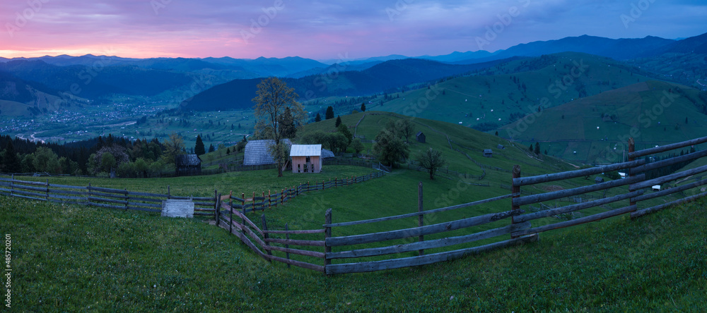 Bukovina Region (Bucovina) landscape at sunrise, Paltinu, Romania