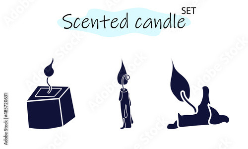 A set of scented candles with a burning fire. Candles for interior, lighting and romantic dates. Aromatherapy. Vector illustration in solid monochrome design on a white background.