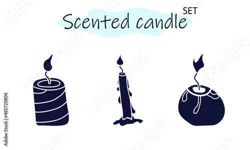 A set of scented candles with a burning fire. Candles for interior, lighting and romantic dates. Aromatherapy. Vector illustration in solid monochrome design on a white background.