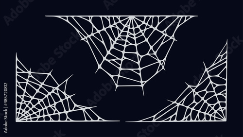 Spider web corbers isolated on black background. Frame with Halloween cobwebs. Handrawn vector illustration
