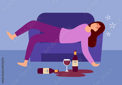 Drunk woman sleeping on sofa with wine glass and alcohol bottle on the floor in flat design. Alcoholic character. Alcohol addiction.