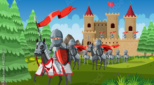 Outdoor scene with medieval knights with horses marching