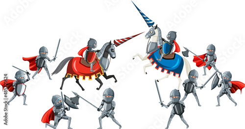 Medieval knights jousting tournament on white background