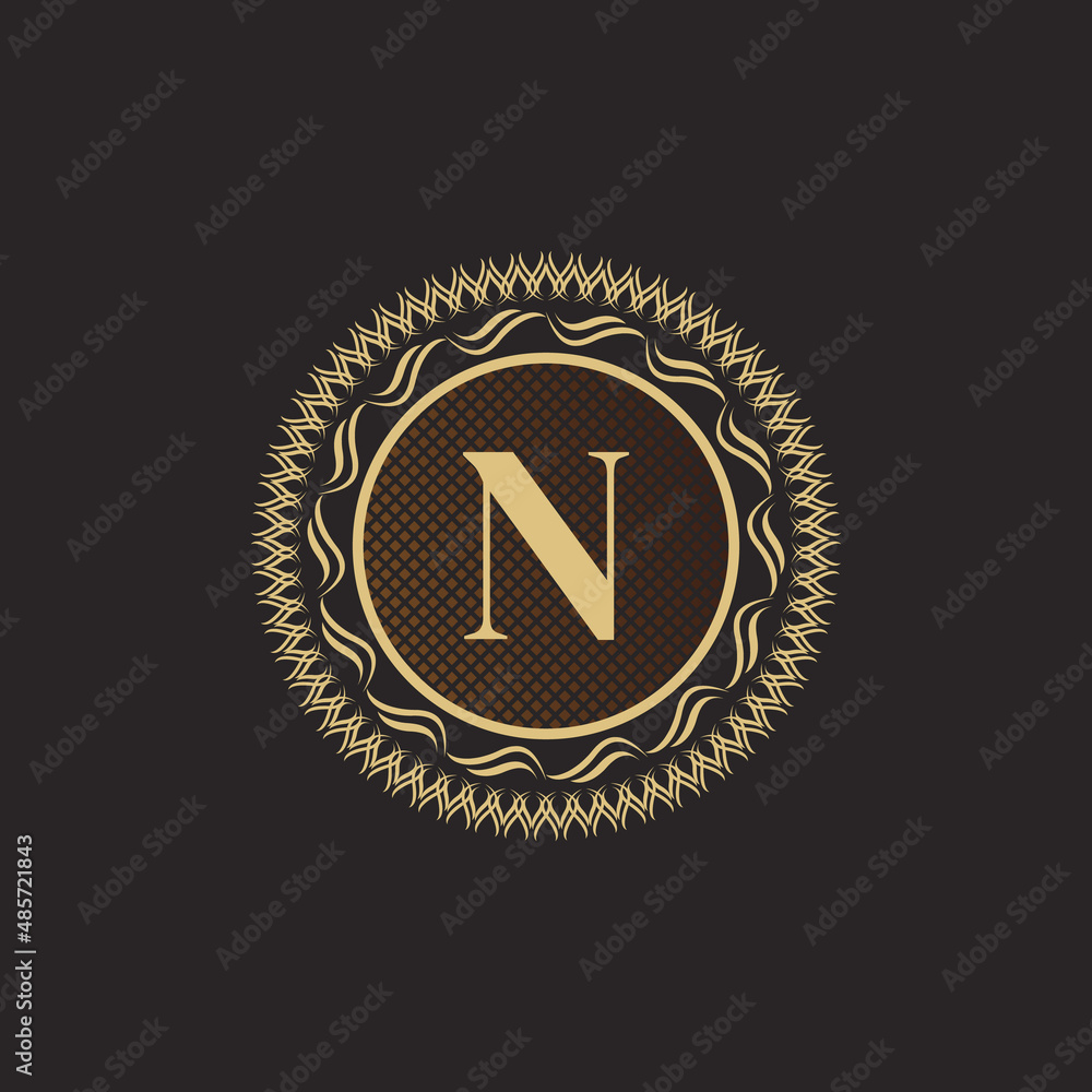 Fototapeta premium Emblem Letter N Gold Monogram Design. Luxury Volumetric Logo Template. 3D Line Ornament for Business Sign, Badge, Crest, Label, Boutique Brand, Hotel, Restaurant, Heraldic. Vector Illustration