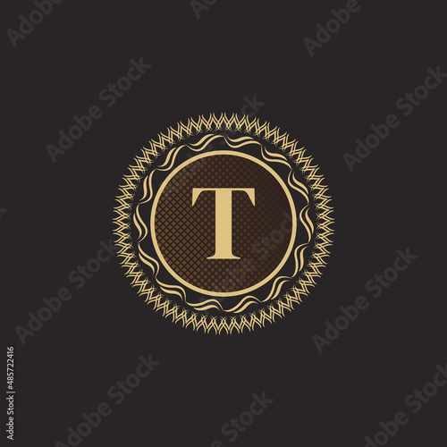Emblem Letter T Gold Monogram Design. Luxury Volumetric Logo Template. 3D Line Ornament for Business Sign, Badge, Crest, Label, Boutique Brand, Hotel, Restaurant, Heraldic. Vector Illustration