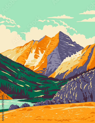 WPA poster art of the Maroon Bells in the Elk Mountains, Maroon Peak and North Maroon Peak in Pitkin County and Gunnison County, Colorado, United States USA done in works project administration style. photo