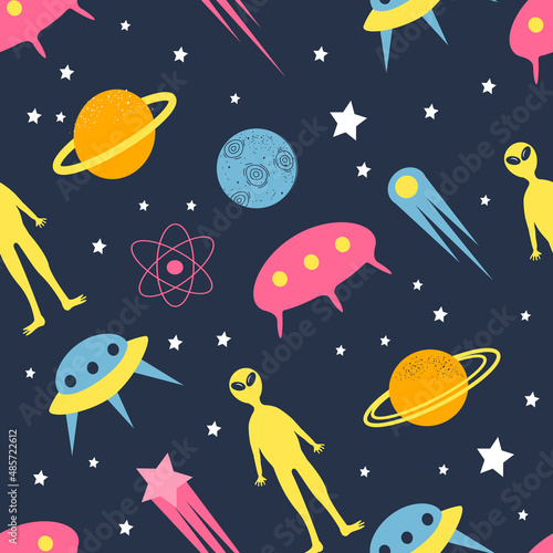 vector seamless pattern in flat style on space theme with hand drawn aliens, ufo, comets, planets, stars and asteroids. kids pattern for printing on fabric, clothing, wrapping paper