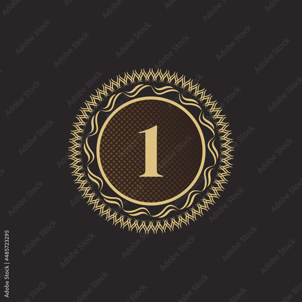 Naklejka premium Emblem Number 1 Gold Monogram Design. Luxury Volumetric Logo Template. 3D Line Ornament for Business Sign, Badge, Crest, Label, Boutique Brand, Hotel, Restaurant, Heraldic. Vector Illustration