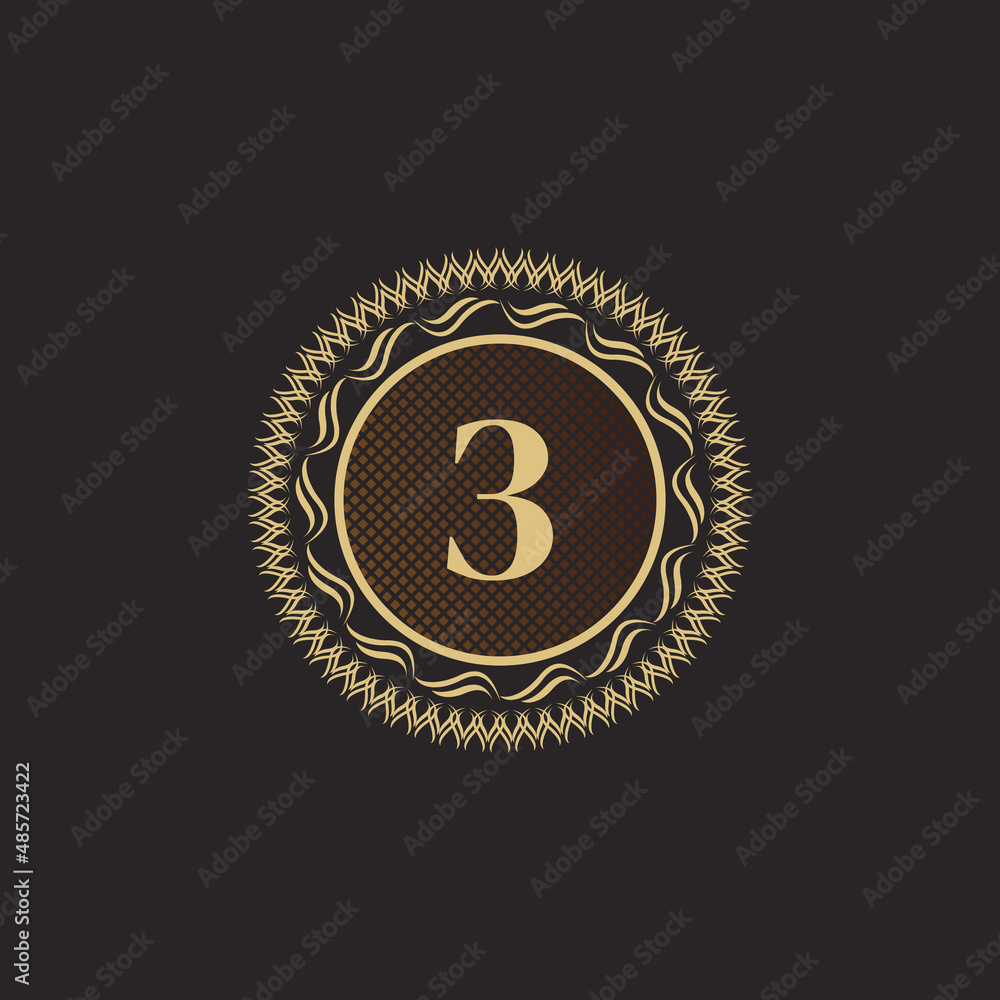 Fototapeta premium Emblem Number 3 Gold Monogram Design. Luxury Volumetric Logo Template. 3D Line Ornament for Business Sign, Badge, Crest, Label, Boutique Brand, Hotel, Restaurant, Heraldic. Vector Illustration