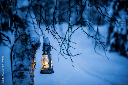 Christmas glass lantern in a mysterious winter forest scenery, Lapland, Arctic Circle, Finland photo