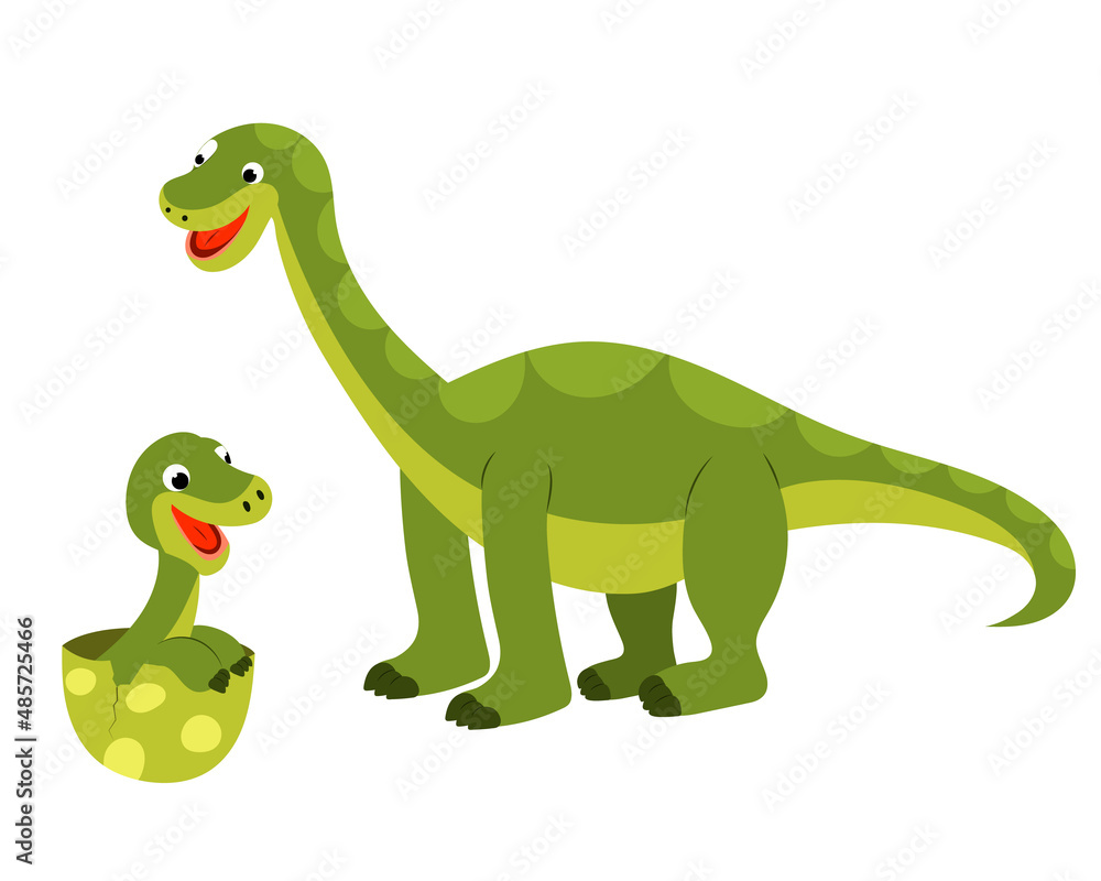 A set of cute cartoon brantosaurus dinosaurs, a baby in an egg and an adult dinosaur. vector isolated on a white background. A set of cute cartoon brantosaurus dinosaurs, a baby in an egg and an adult dinosaur. vector isolated on a white background.