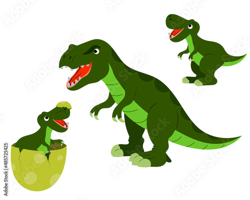A set of cute cartoon tyrannosaurus dinosaurs  a baby in an egg and an adult dinosaur. vector isolated on a white background.