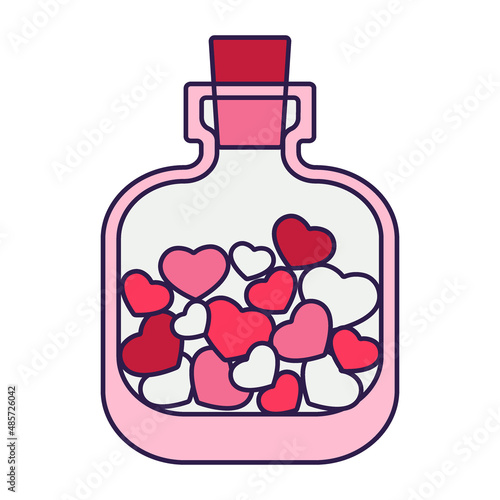 Retro Valentine Day icon bottle with hearts. Love symbol in the fashionable pop line art style. The cute flacon is in soft pink, red, and coral color. Vector illustration isolated on white.