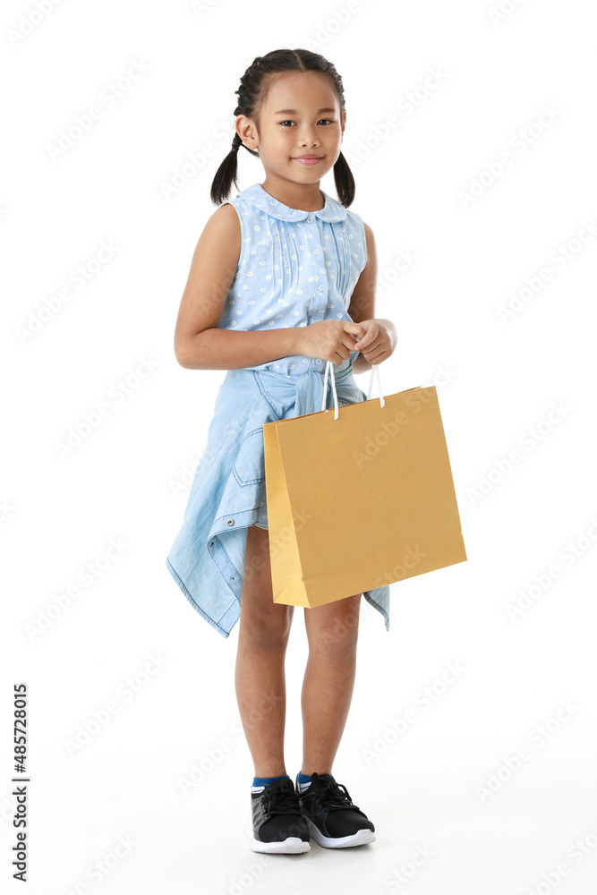 Portrait full body studio cutout shot Asian young pigtail braid hair shopper girl in blue dress standing smiling holding paper shopping bag look at camera on white background Portrait full body studio cutout shot Asian young pigtail braid hair shopper girl in blue dress standing smiling holding paper shopping bag look at camera on white background