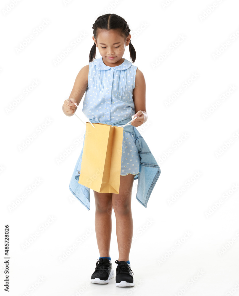 Portrait full body studio cutout shot Asian young pigtail braid hair shopper girl in blue dress standing smiling holding paper shopping bag look at camera on white background Portrait full body studio cutout shot Asian young pigtail braid hair shopper girl in blue dress standing smiling holding paper shopping bag look at camera on white background
