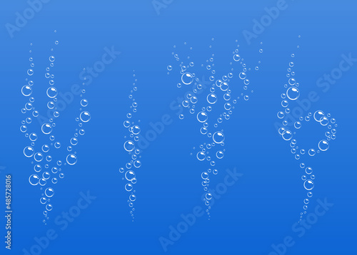 Cartoon fizzing flow of air underwater bubbles in water, soda, sea. Foam bubbles. Vector illustration on blue background.