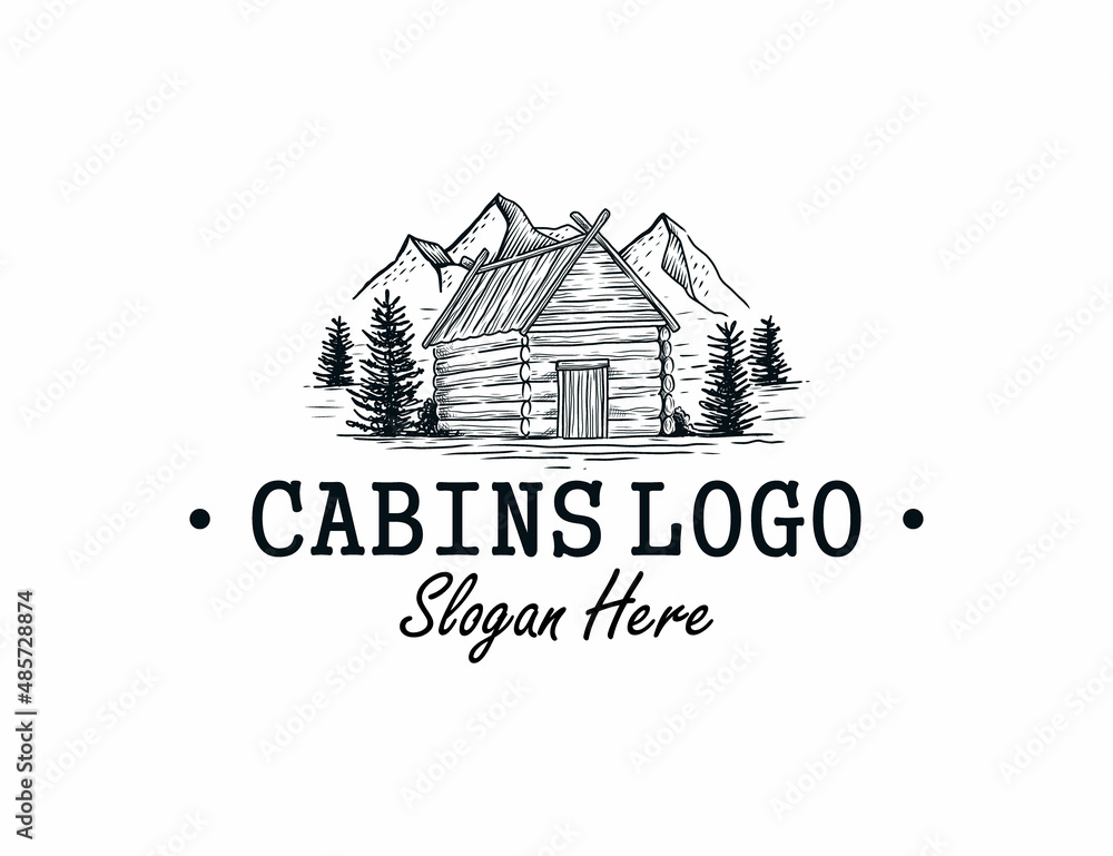 Wooden cabins logs  vintage logo template