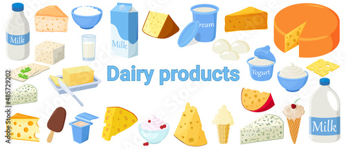 A set of dairy products.Milk, yogurt,sour cream,cottage cheese,butter,ice cream,roquefort,parmesan, edam, tilsiter,camembert, gouda and mozzarella.Dairy products isolated on a white background.