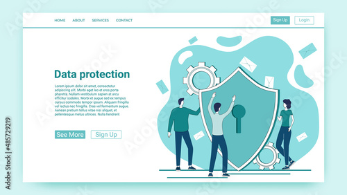 Data protection.Secure internet connection.Organization of a secure data transmission channel.An illustration in the style of a green landing page.