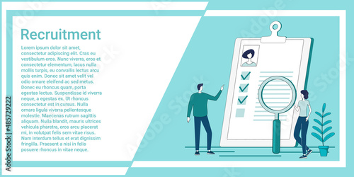 Recruitment of personnel.Specialists study the resumes of new employees.The concept of finding new staff for work.An illustration in the style of a green landing page.