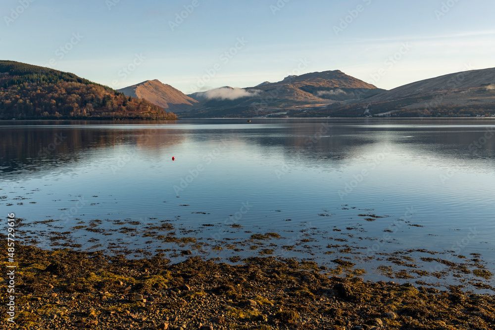 Loch Fyne at sunrise, seen from Inveraray, Argyll and Bute, Highlands of Scotland, United Kingdom, Europe