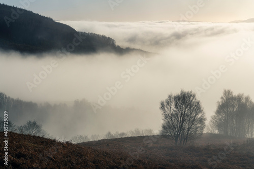 Misty mountain landscape seen from Ben Lomond in Loch Lomond and the Trossachs National Park, Scottish Highlands, Scotland, United Kingdom, Europe