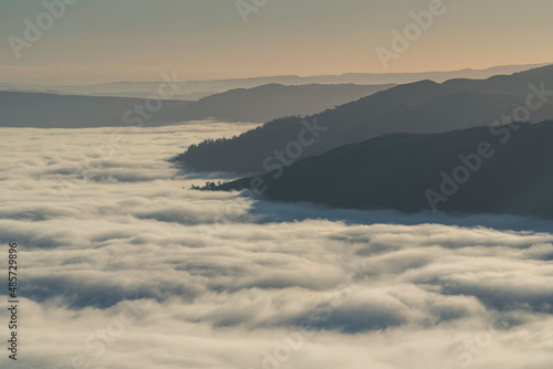 Clouds cover Loch Lomond, seen from Ben Lomond in the Trossachs National Park, Scottish Highlands, Scotland, United Kingdom, Europe