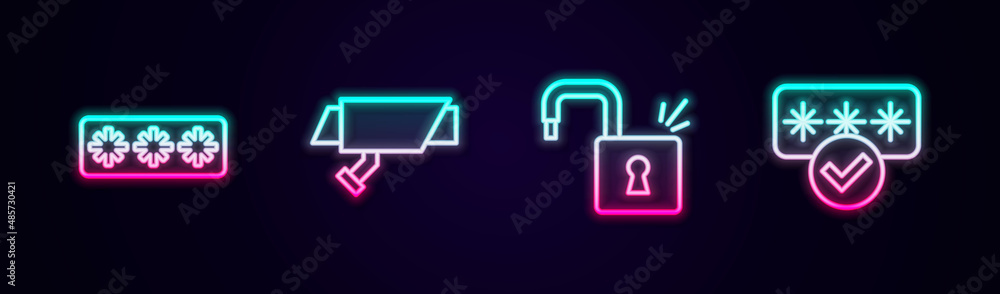 Set line Password protection, Security camera, Open padlock and . Glowing neon icon. Vector Set line Password protection, Security camera, Open padlock and . Glowing neon icon. Vector