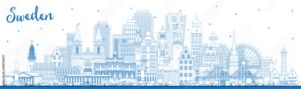 Welcome to Sweden. Outline City Skyline with Blue Buildings.