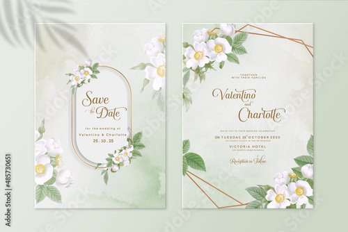 Geometric Wedding Invitation and Save the Date with White Flower
