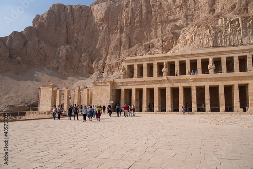  Queen Hatshepsut mortuary temple and the red cliffs of the western bank of the Nile river.