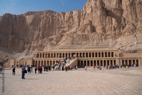  Queen Hatshepsut mortuary temple and the red cliffs of the western bank of the Nile river.