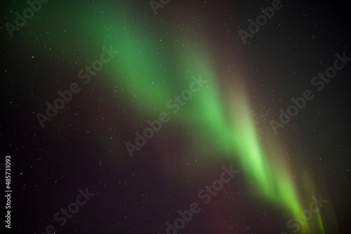 Northern Lights (aurora borealis) display dancing in the night sky in winter in Finnish Lapland, inside Arctic Circle in Finland