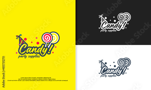 candy on stick. Text logo lettering for sweet candy dessert for kids. Hand drawn vector illustration for your design. kids party suppliers logo.