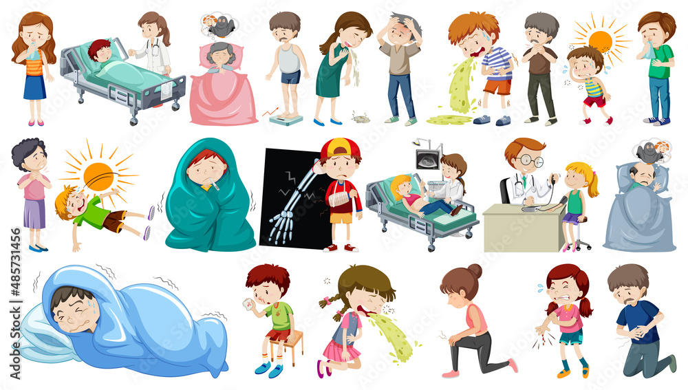 Set of sick people with different symptoms Set of sick people with different symptoms