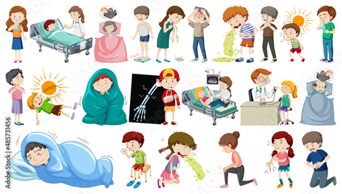 Set of sick people with different symptoms