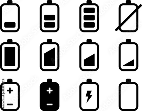 Battery icons set. Battery charging charge indicator icon. Level battery energy. Black flat icons.