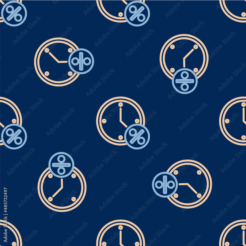 Line Clock and percent discount icon isolated seamless pattern on blue background. Vector Line Clock and percent discount icon isolated seamless pattern on blue background. Vector