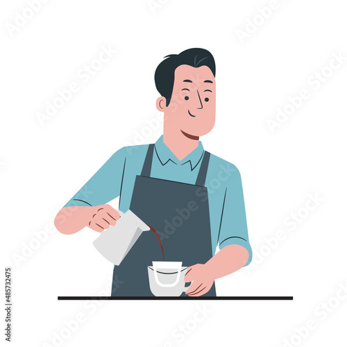
Coffee shop barista pouring water with kettle to a hand drip coffee set illustration vector