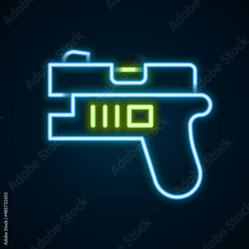 Glowing neon line Futuristic space gun blaster icon isolated on black background. Laser Handgun. Alien Weapon. Colorful outline concept. Vector