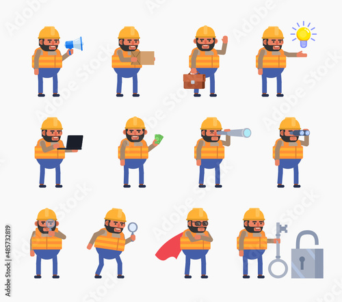 Construction worker in various situations. Cheerful builder holding megaphone, big key, laptop, idea and showing other actions. Modern vector illustration