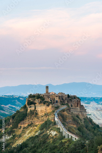 Civita di Bagnoregio at sunset, Province of Viterbo, Italy, background with copy space