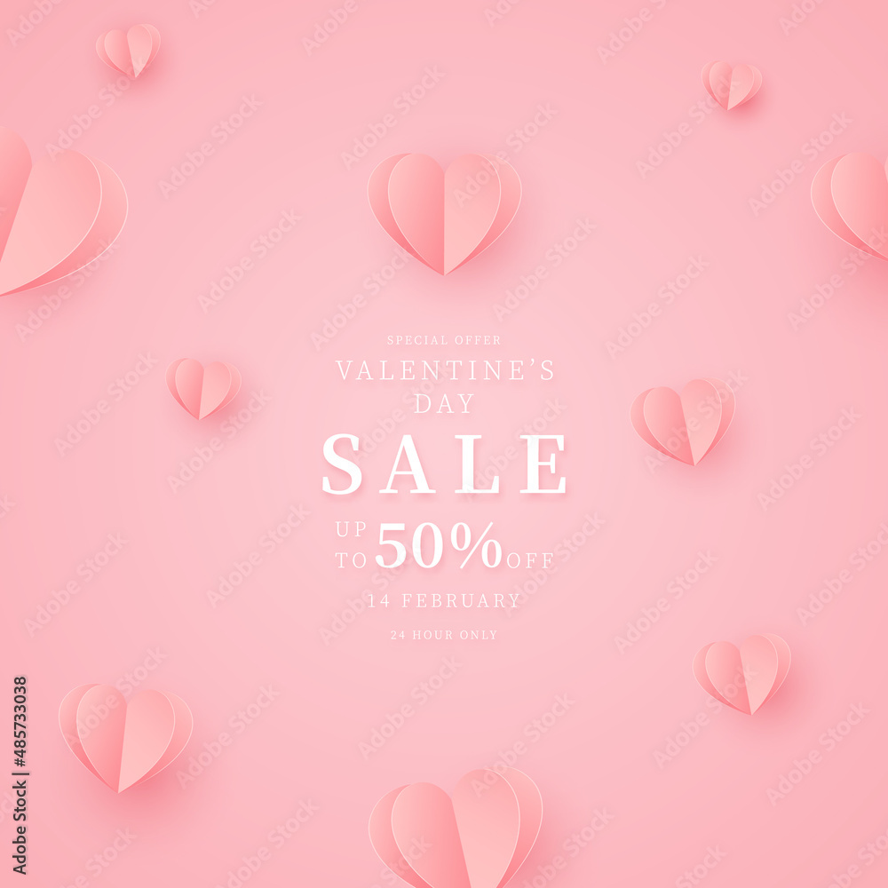 Valentine's day sale promotion banner template. Design for advertising, background, banner, social media, poster, flyer. Vector in paper cut style.