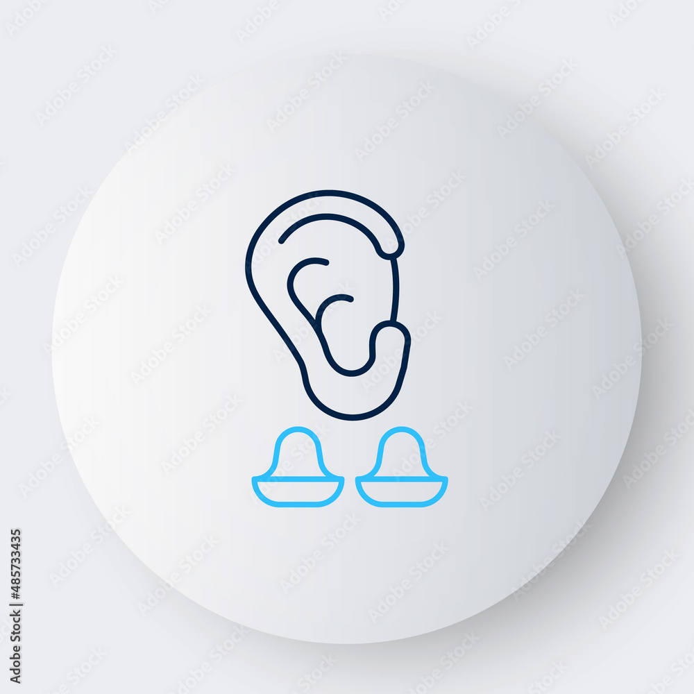 Line Earplugs and ear icon isolated on white background. Ear plug sign. Noise symbol. Sleeping quality concept. Colorful outline concept. Vector Line Earplugs and ear icon isolated on white background. Ear plug sign. Noise symbol. Sleeping quality concept. Colorful outline concept. Vector