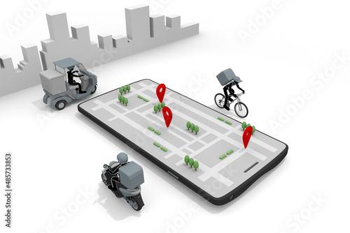 Smartphone and delivery app. Deliver food. Display your destination on the map. Make money with delivery.The person who carries the food. © PictMotion