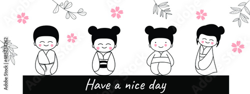 Cute hand drawn Japanese Kokeshi Doll Art. No gradient used, easy to print and recolor vector illustration